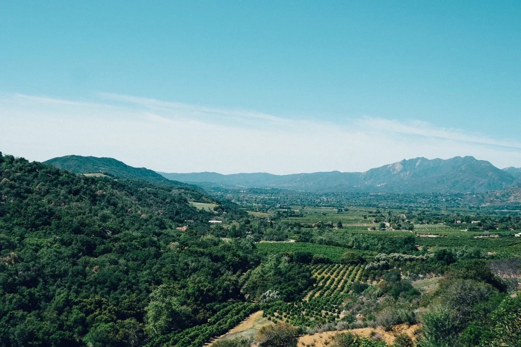 Aerial view of Ojai valley from high on the nearby hills