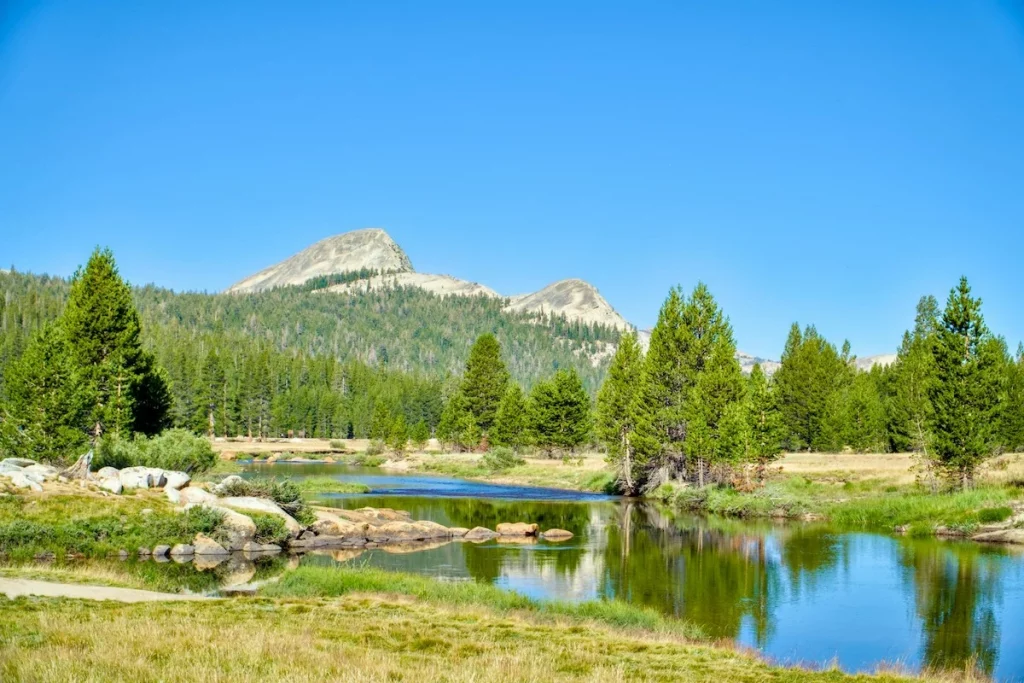 Tuolumne Meadows, dome-studded sub-alpine scene with a small lake running through it