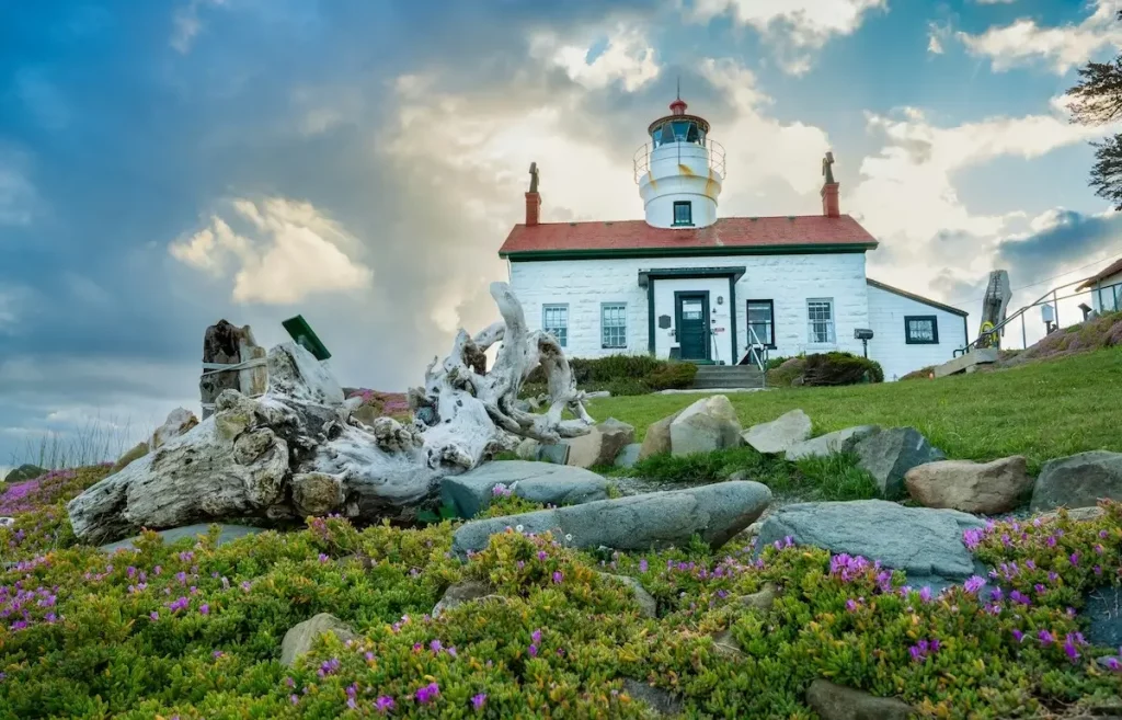 White lighthouse with red roof in Crescent City California