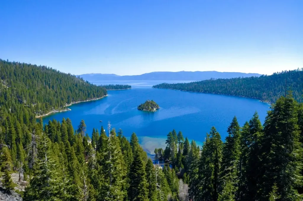 Emerald Bay in West Lake Tahoe surrounded by towering pines