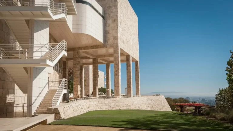 White stone of the Getty Museum with blue sky to the right