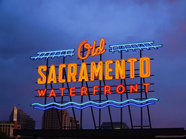 Old Sacramento Waterfront neon sign at dusk