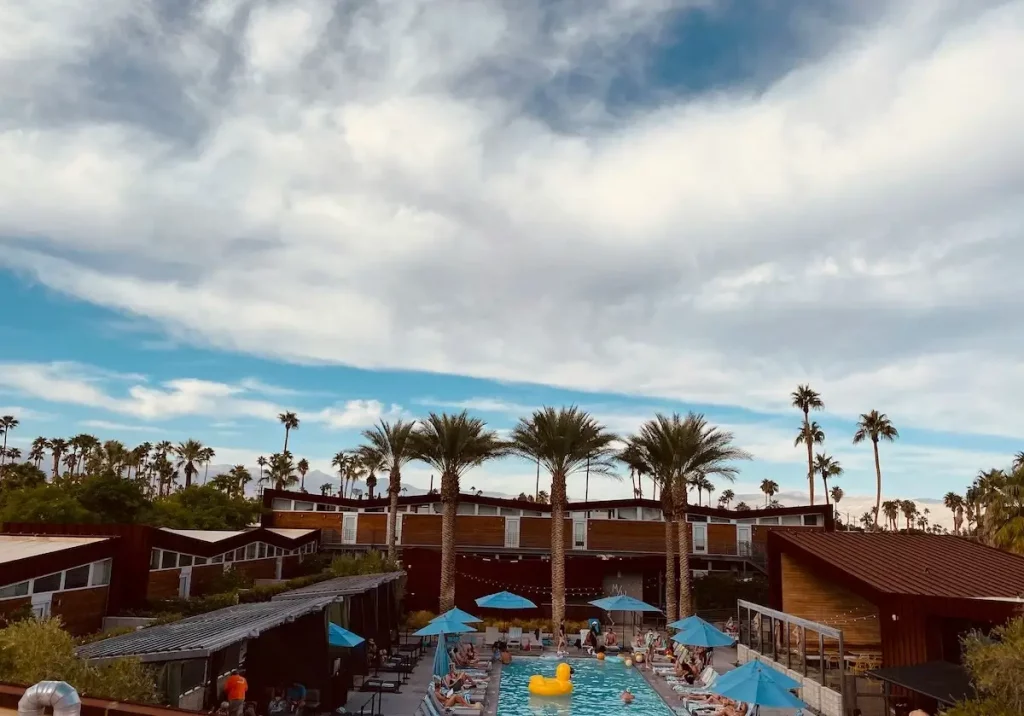 A sun-drenched courtyard of a hotel in Palm Springs