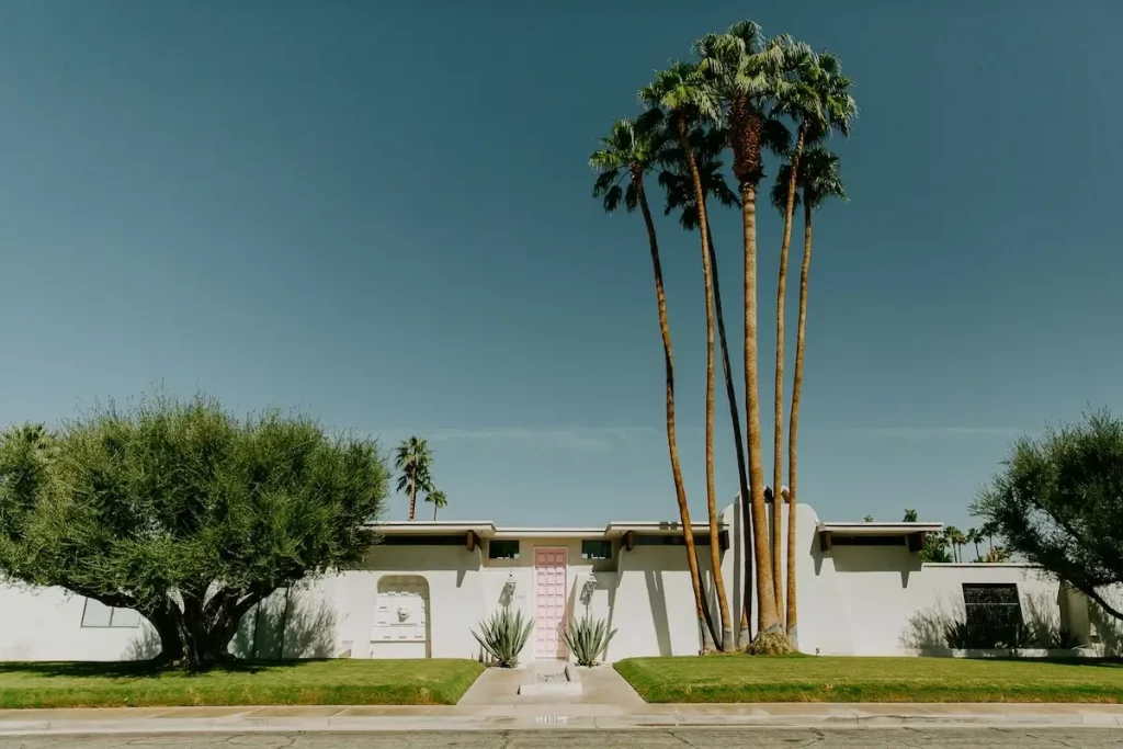 A white mid-century modern home with tall palm trees and a pink door