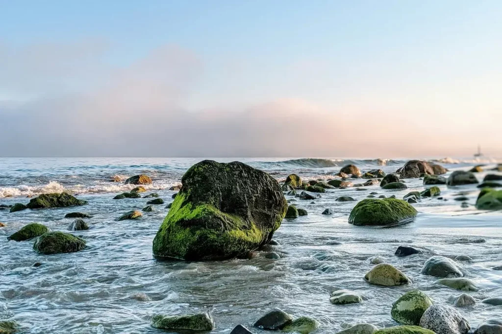 Large boulders in the sea at Sunset Beach in Montecito