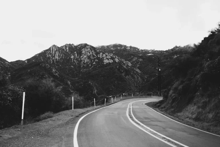 Black and white photo of a road in the Malibu hills