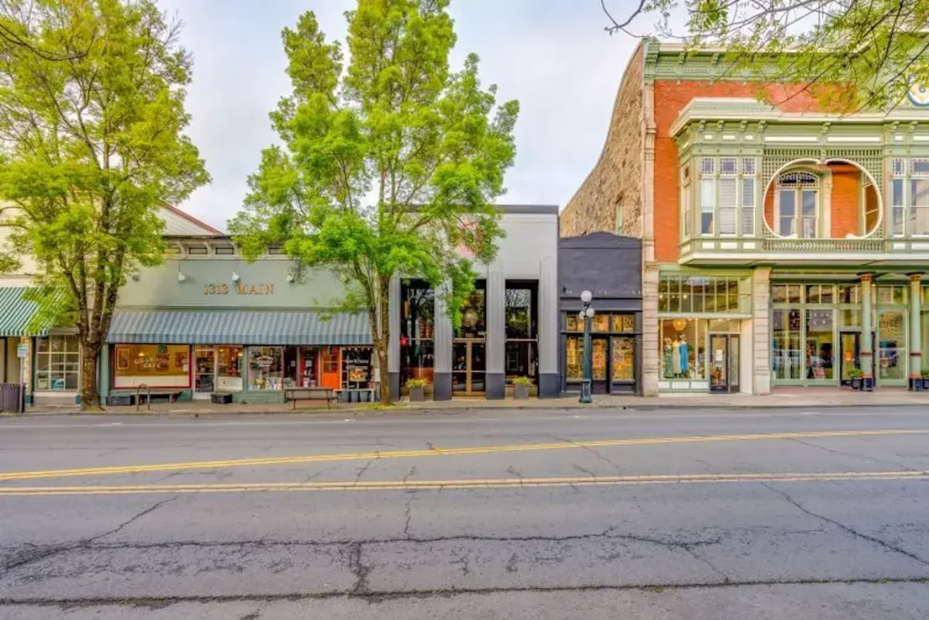 Old shops lining a street in St. Helena, California